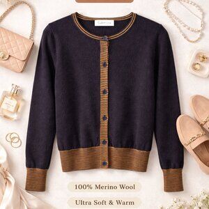 Golden Line 100% Wool Cardigan Black Brown Striped Trim XXS XS Women Button Up